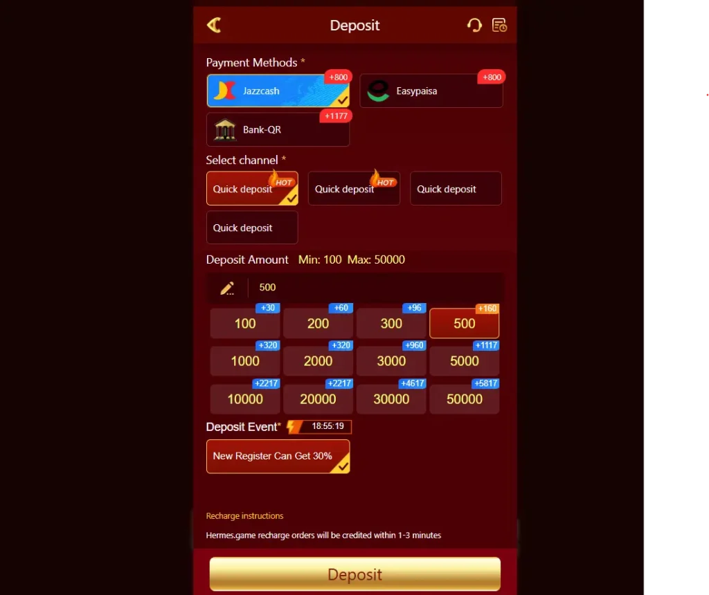 hermes game deposit
