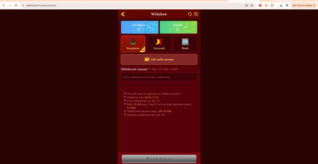 n999 game withdrawl